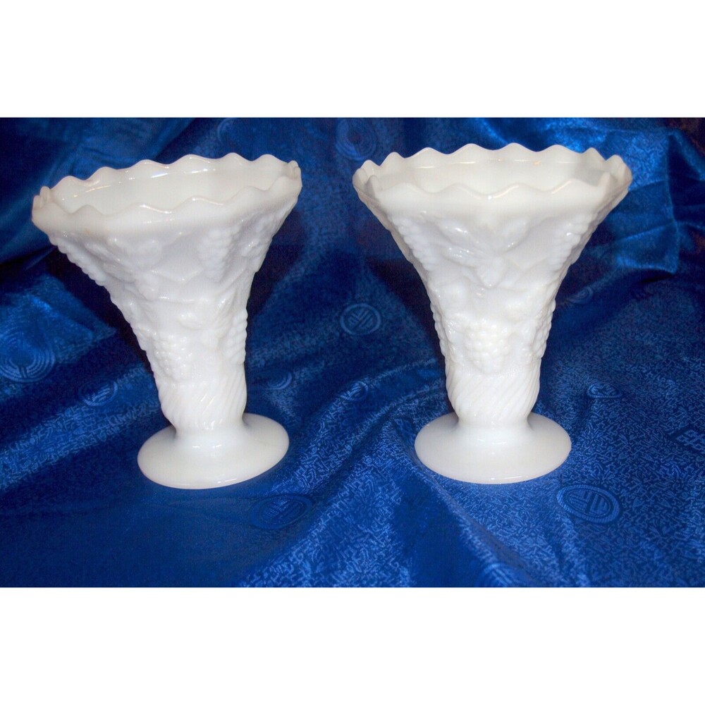Set Vintage Milk Glass 6" Footed Bowl Flared Vase Grape Pattern Anchor Hocking